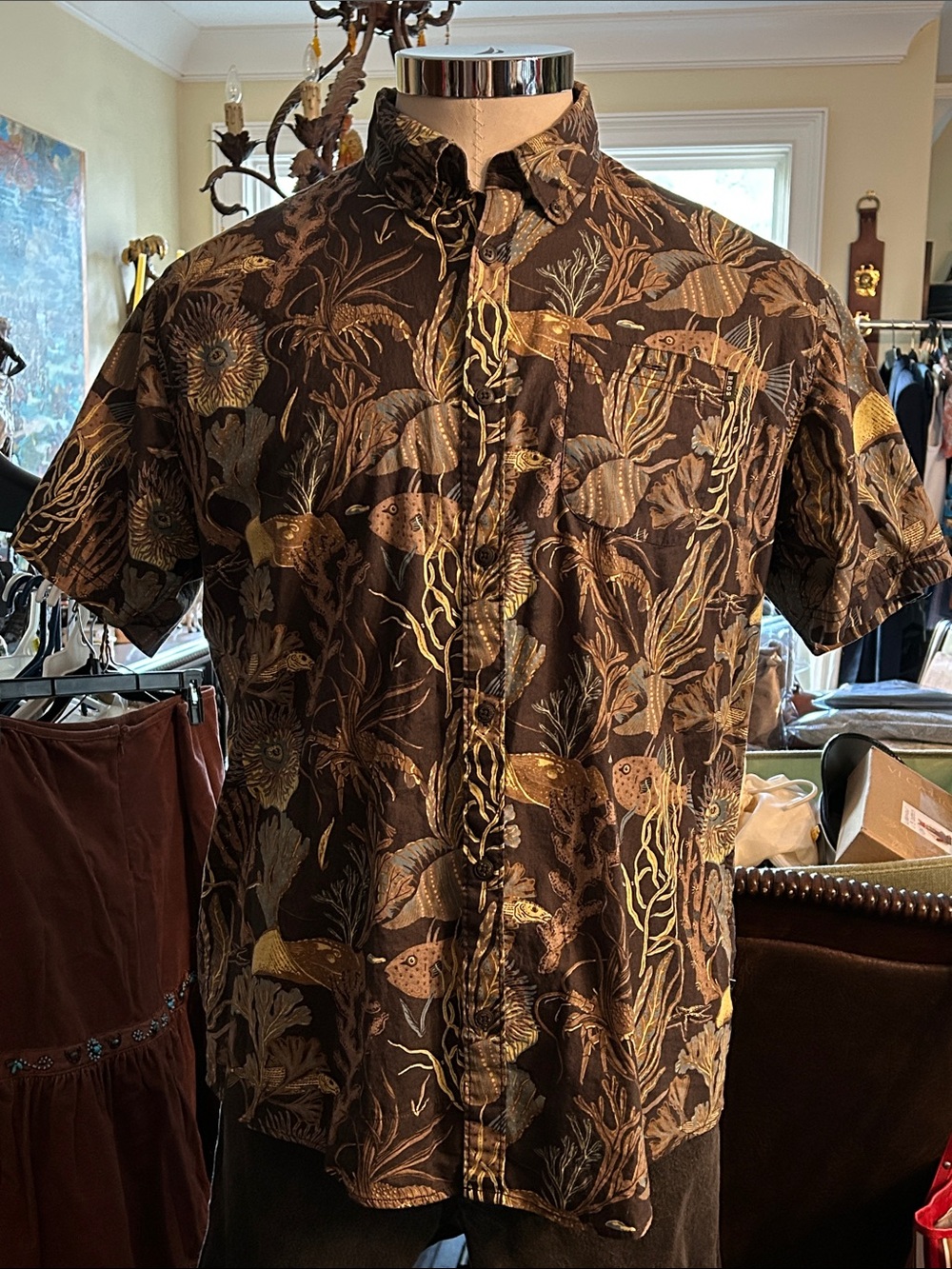 Howler Bros Sz XL Short Sleeve Brown Tropical Fish Print Shirt